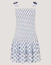 Floral Print Smocked Dress, White (WHITE), large