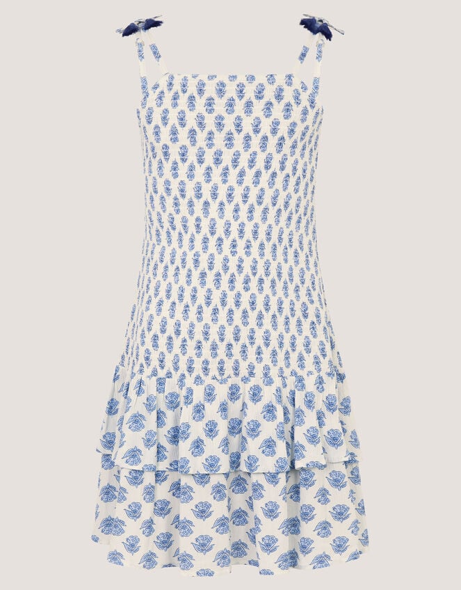 Floral Print Smocked Dress, White (WHITE), large