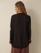 Yara Floral Embroidered Lace Trim Top, Black (BLACK), large