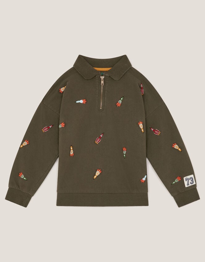 Spaceship Embroidered Polo Sweatshirt, Green (KHAKI), large