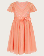 Chevron Flower Tulle Dress, Orange (CORAL), large