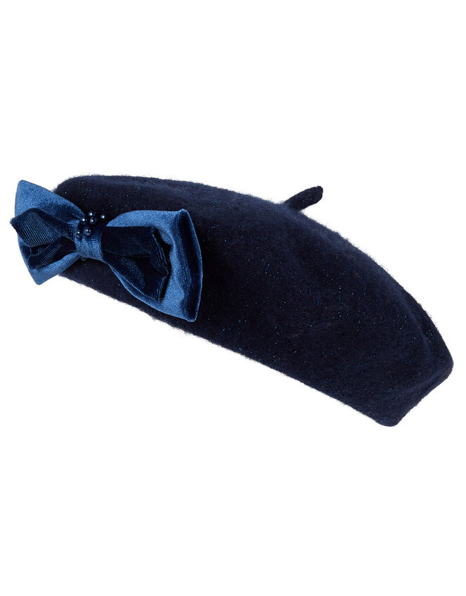 Jamie Velvet Pearl Bow Beret, Blue (NAVY), large