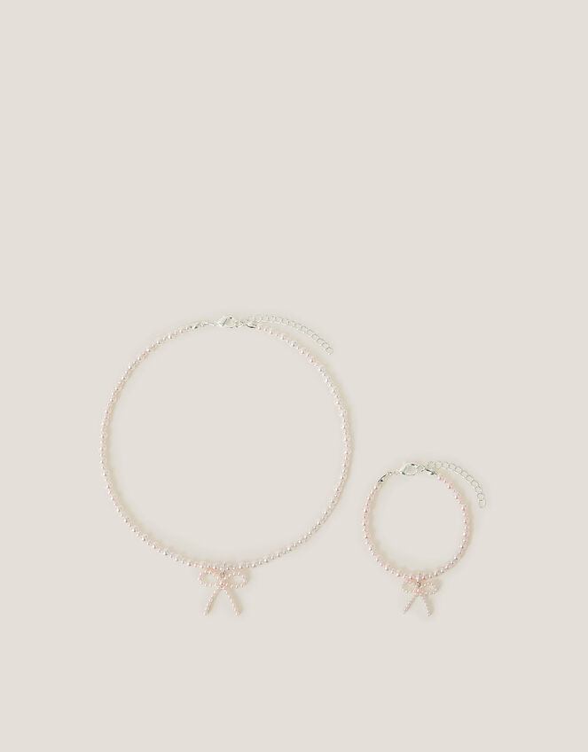Pearl Bow Pendant Necklace and Bracelet Set, , large