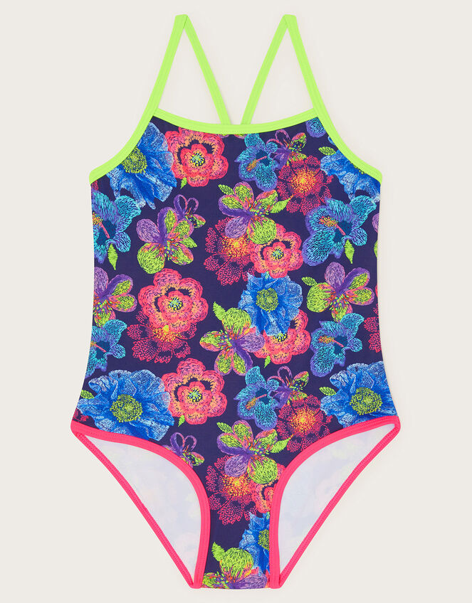 Sketch Floral Swimsuit, Blue (NAVY), large