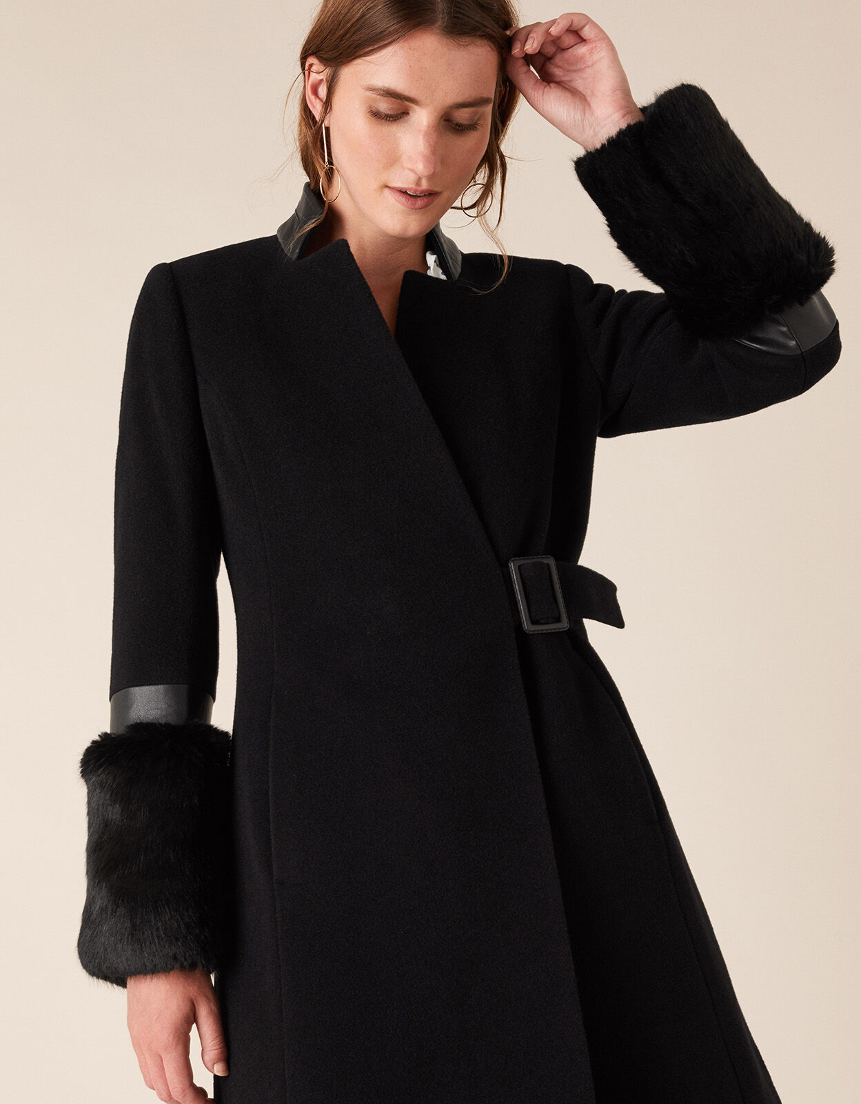 Faux Fur Cuff Maxi Coat in Wool Blend Black