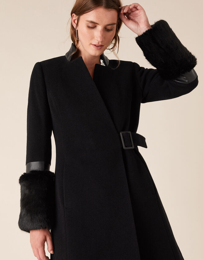 Faux Fur Cuff Maxi Coat in Wool Blend, Black (BLACK), large