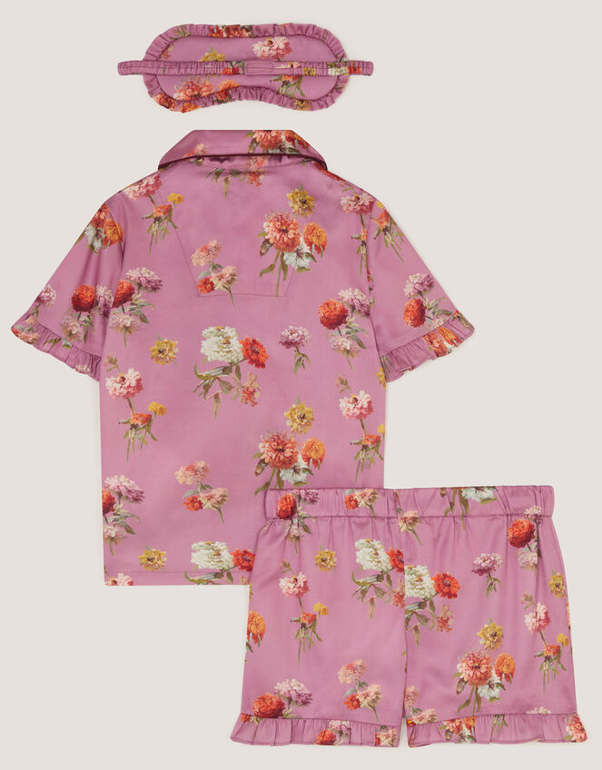 Floral Satin Short Pyjamas & Eye Mask Set, Purple (LILAC), large