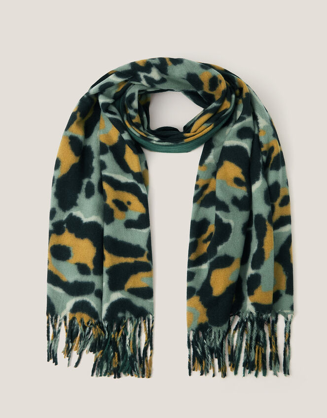Elyse Animal Print Tassel Scarf, Green (GREEN), large