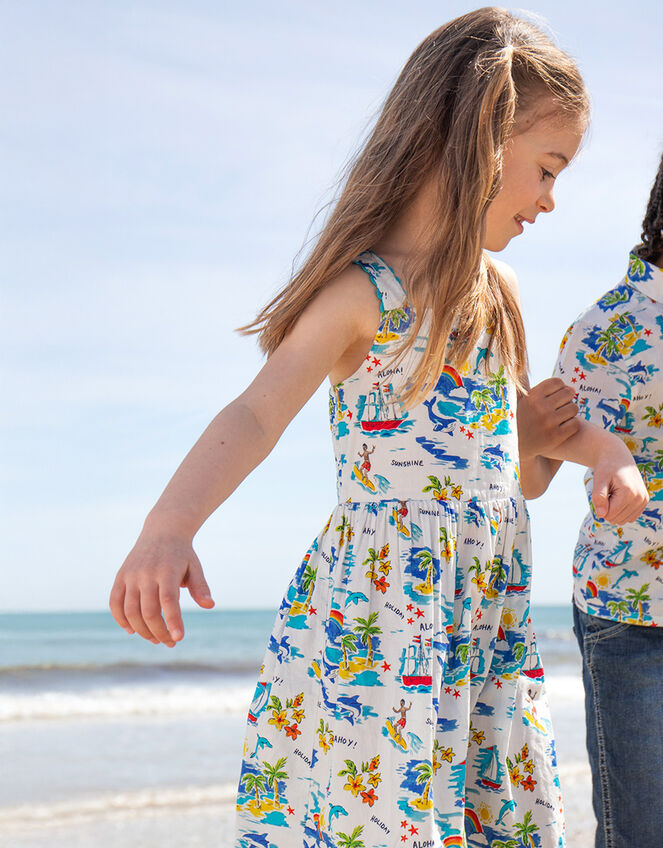 Frugi Seraphina Beach Print Dress, White (WHITE), large