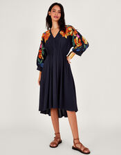 Leaf Embellished Applique Dress in in LENZING™ ECOVERO™, Blue (NAVY), large