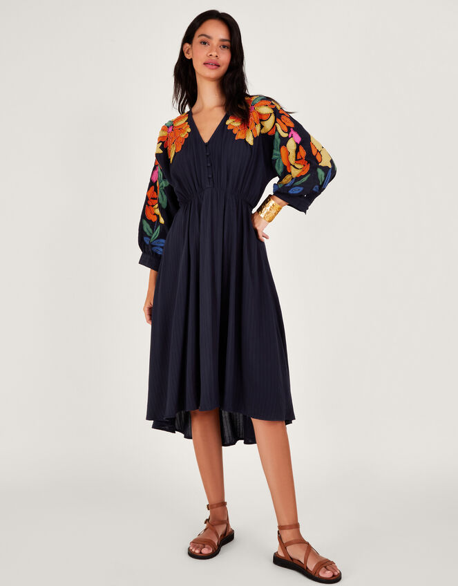 Leaf Embellished Applique Dress in in LENZING™ ECOVERO™, Blue (NAVY), large