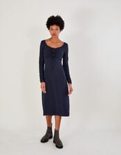 Ruched Jersey Midi Dress with Sustainable Cotton, Blue (NAVY), large