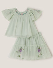 Baby Amina Floral Embroidered Top & Skirt Set, Green (SAGE), large
