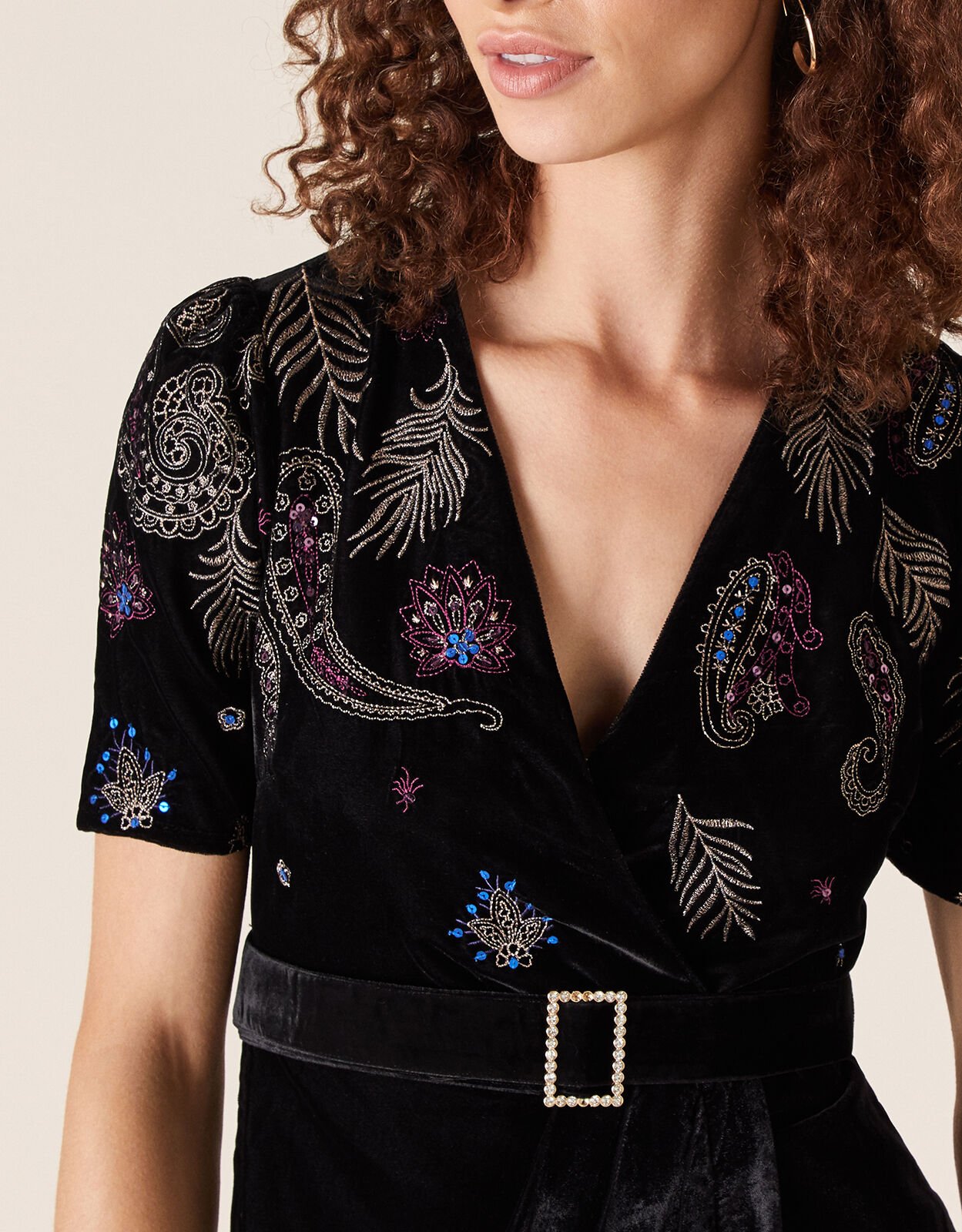 Black velvet embroidered dress sales