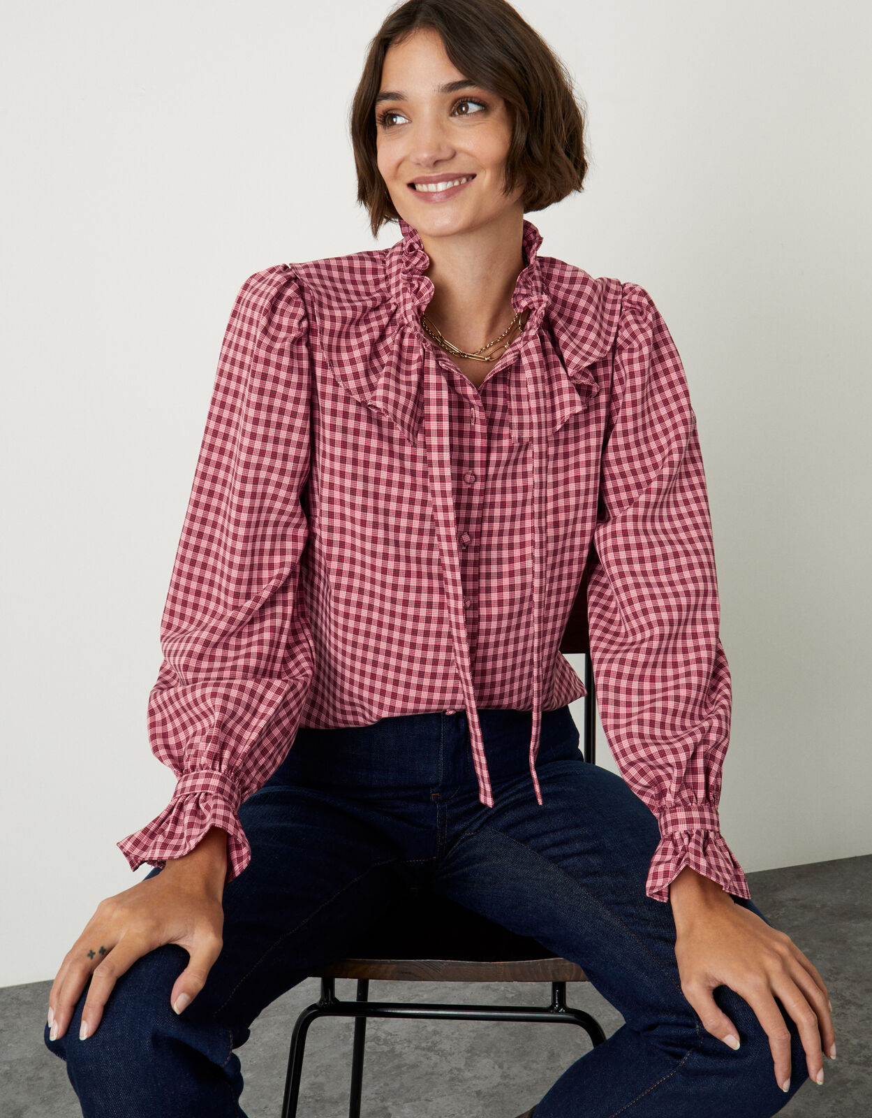 Monica Check Frill Blouse Pink | Tops 