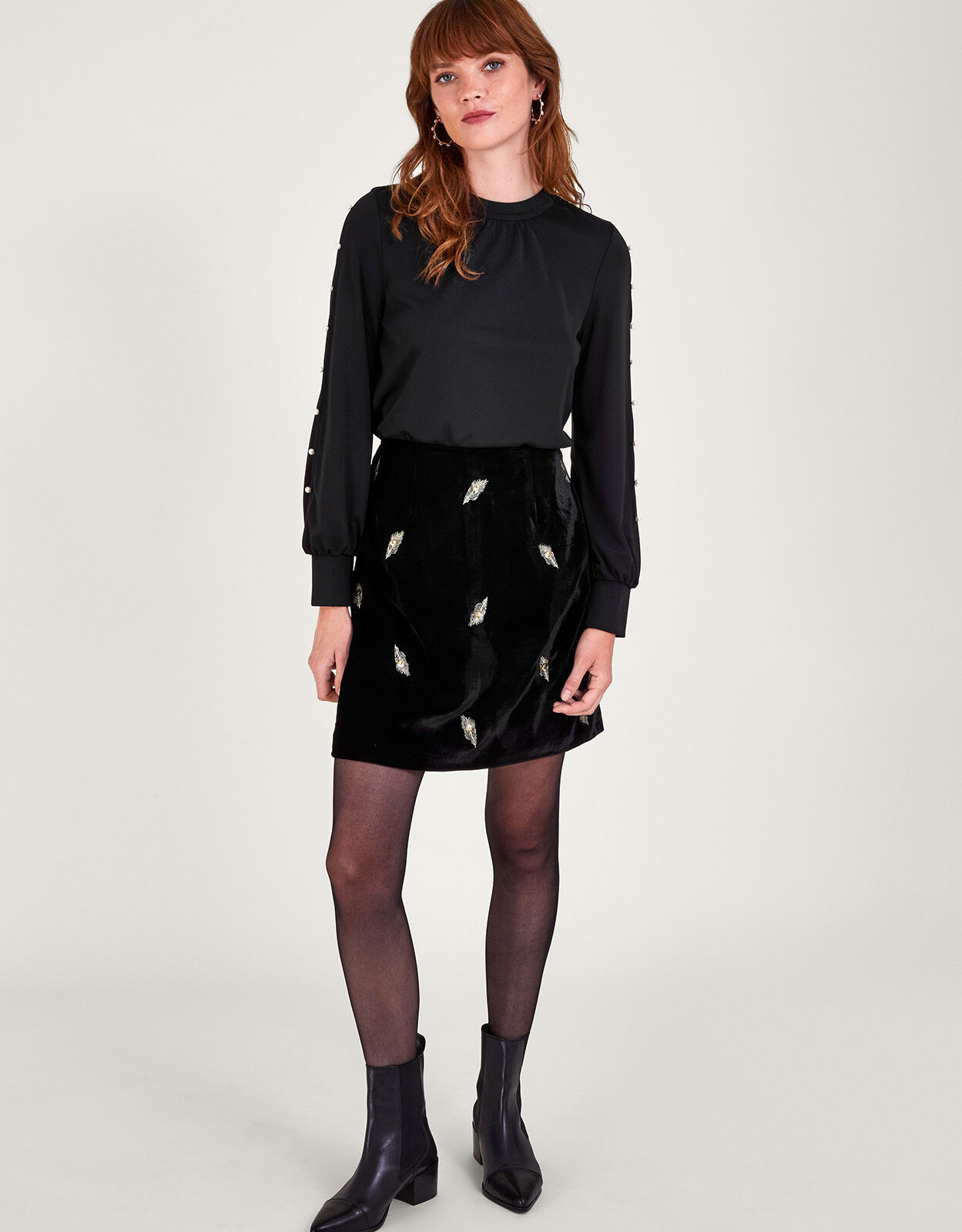 Women's Mesh Puff Sleeve Blouse - Pearl Beading High Neck Party Top, Slim Fit Long Sleeve (Black)