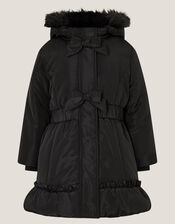 Frill Bow Hooded Coat, Black (BLACK), large