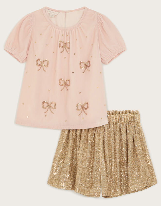 Bow Velvet T-Shirt and Sequin Shorts Set, Gold (GOLD), large