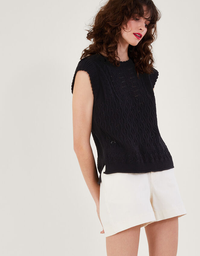 Multi Stitch Pointelle Knitted Vest, Black (BLACK), large