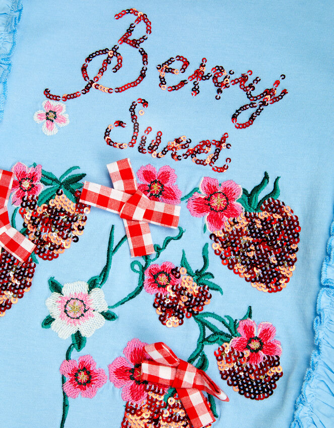 Embellished Strawberry Broderie Ruffle Top, Blue (BLUE), large