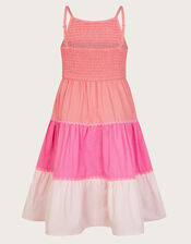 Smocked Strappy Colour Block Dress, Orange (CORAL), large