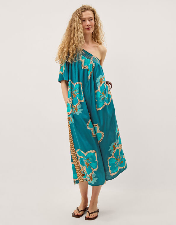 Yasmin One-Shoulder Floral Jumpsuit, Teal (TEAL), large