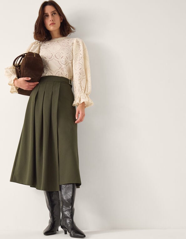 Jillian Pleated Kilt Midi Skirt , Green (KHAKI), large