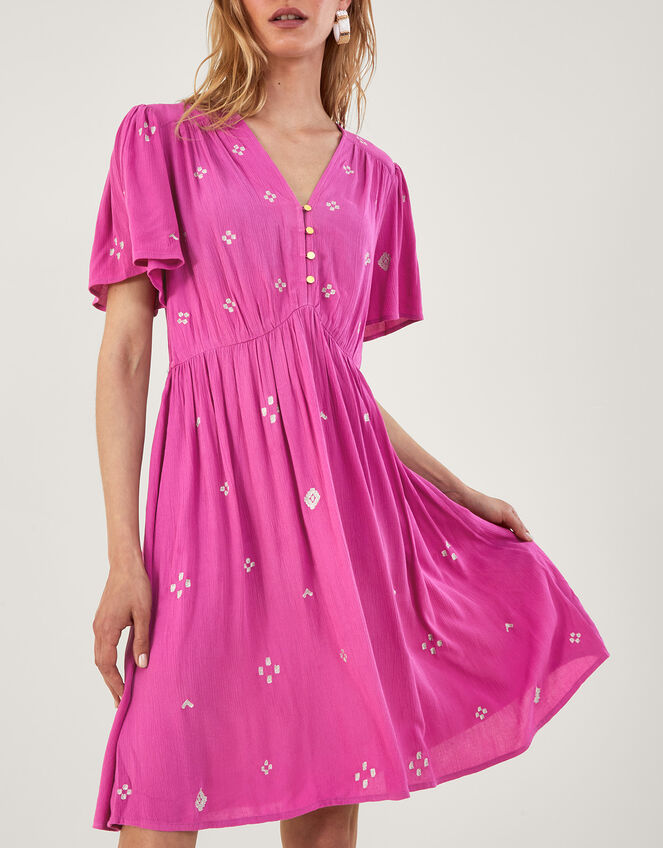 Embroidered Crinkle Short Dress in LENZING™ ECOVERO™ Pink Day Dresses