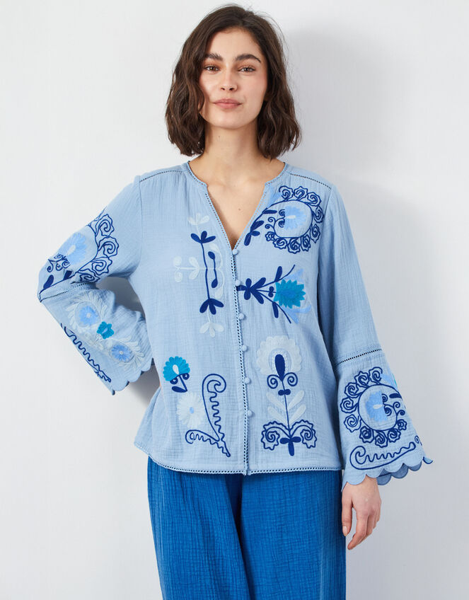 East Aurina Long Sleeve Embroidered Blouse, Blue (BLUE), large