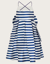 Stripe Bow Twill Party Dress, Blue (BLUE), large