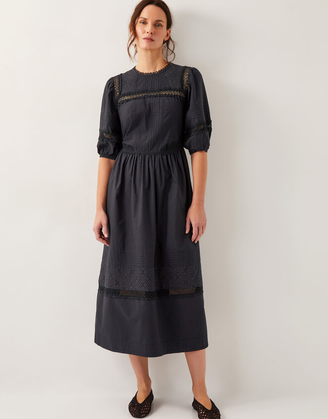 Odilia Broderie Puff-Sleeve Midi Dress, Black (BLACK), large