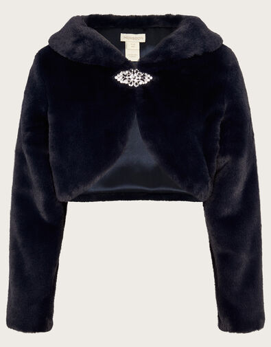 Long Sleeve Faux Fur Shrug, Blue (NAVY), large