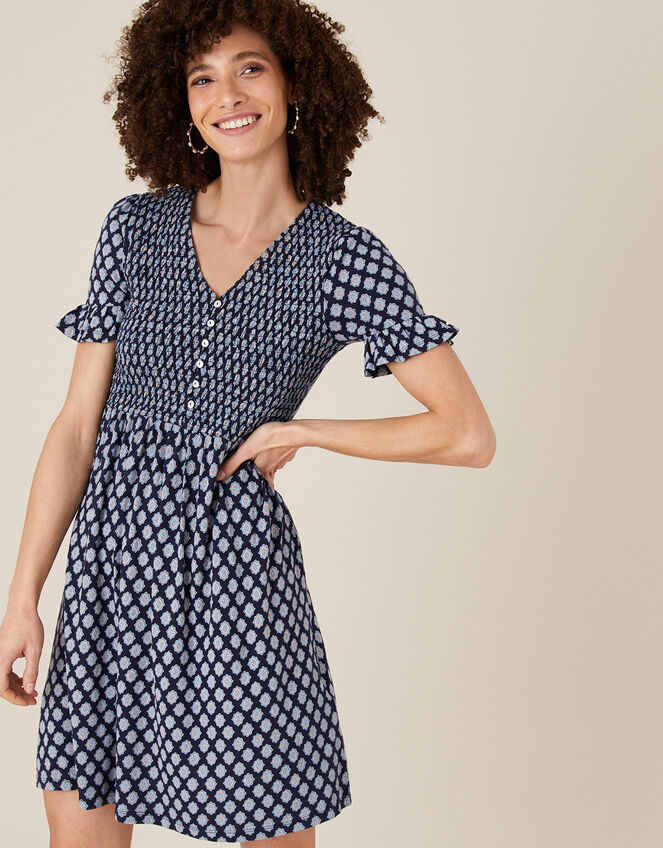 Geo Print Smock Dress, Blue (NAVY), large