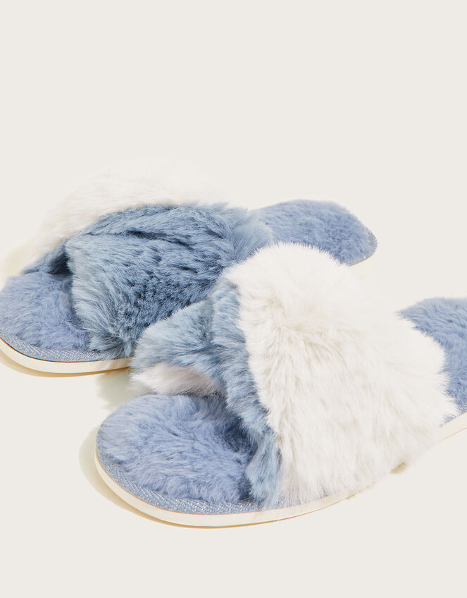 Faux Fur Twist Slide Slippers, Teal (TEAL), large