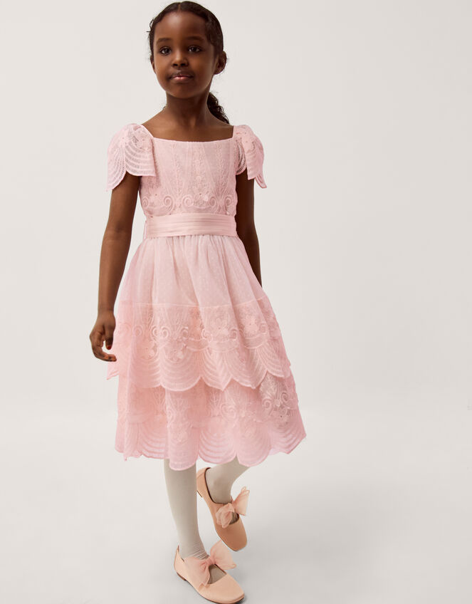 Isabel Lace Scallop Tiered Party Dress, Pink (DUSKY PINK), large
