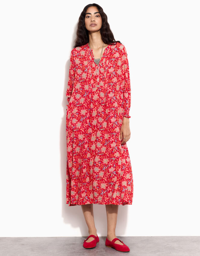 East Pleat Floral Midi Dress, Red (RED), large