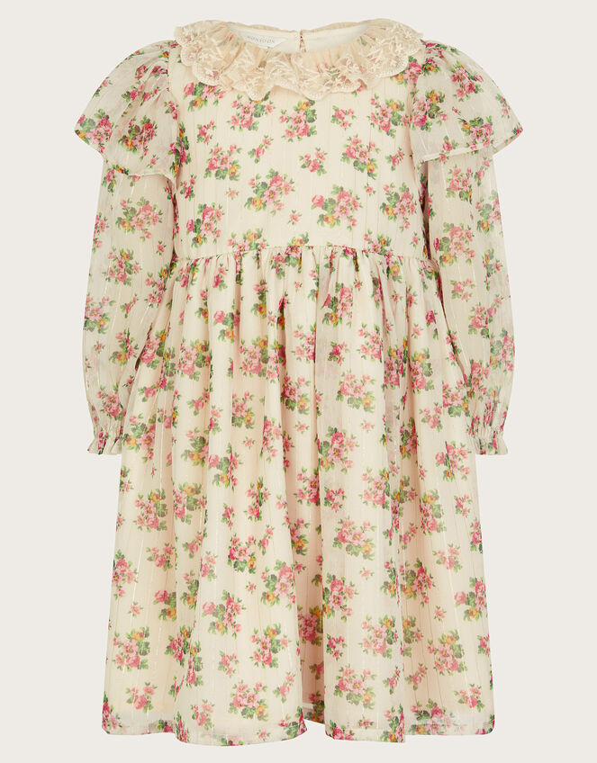 Long Sleeve Floral Sparkle Dress, Ivory (IVORY), large