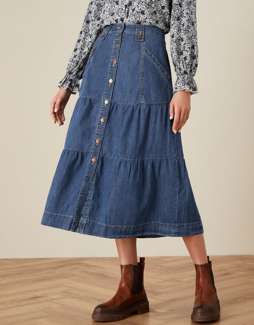 Tiered Denim Midi Skirt Skirts Monsoon UK.