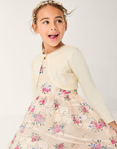 Sequin Flower Embellished Cardigan, White (WARM IVORY), large