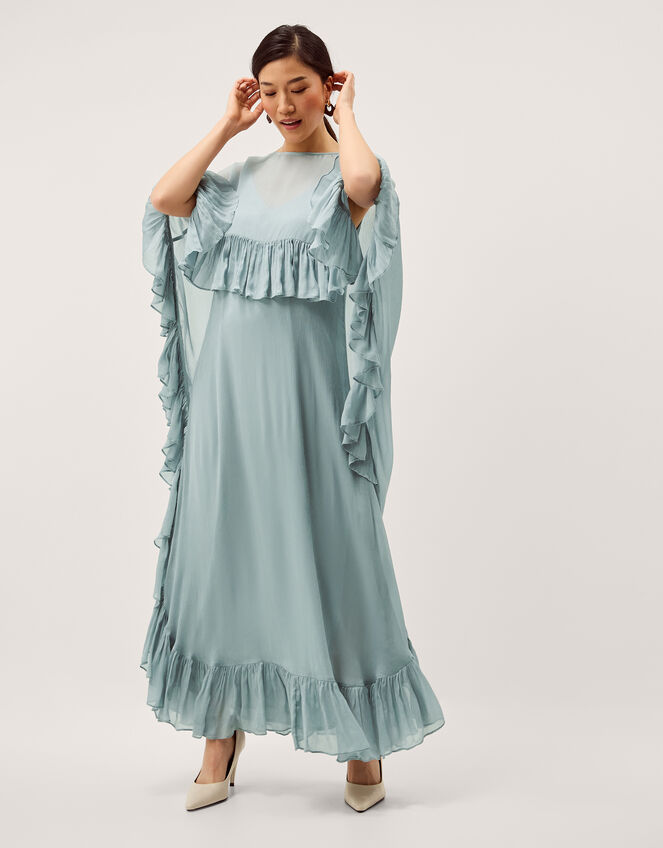 Jodie Ruffle Cape Chiffon Maxi Dress Blue