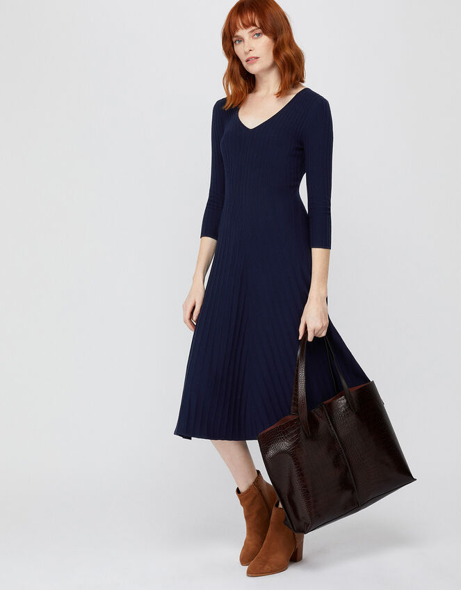 Cedes Chevron Rib Dress, Blue (NAVY), large