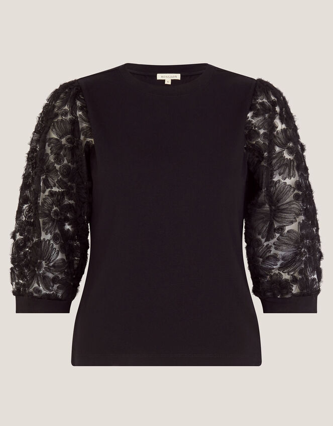 Flavia Sheer Appliqu&eacute; Sleeve Jersey Top, Black (BLACK), large