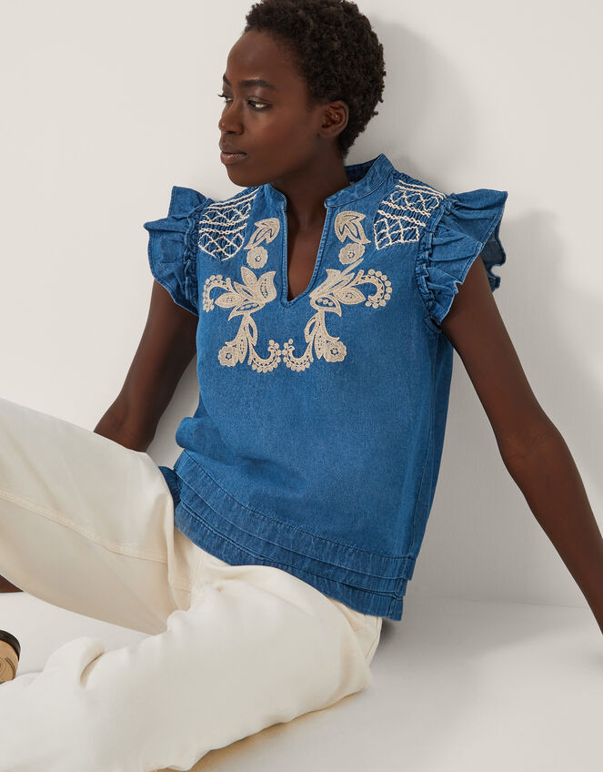 Denim Blue Top with Botanical Embroidery - NZT08 main image 1