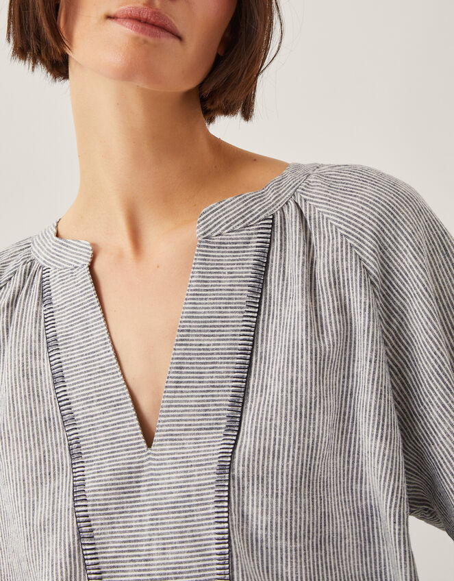 Frida Stripe Linen-Blend Top, Blue (BLUE), large