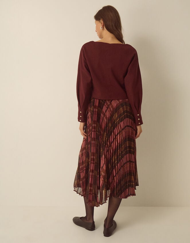 Melinda Check Print Pleated Midi Dress, Red (BURGUNDY), large