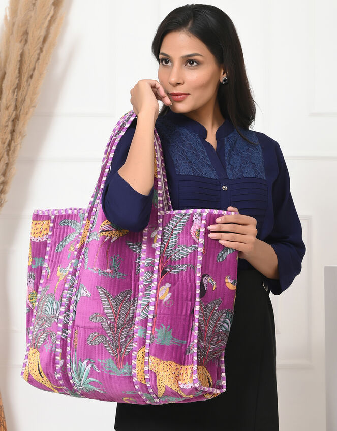 Conscious Yoga Collective Velvet Jungle Print Tote Bag, Purple (PURPLE), large