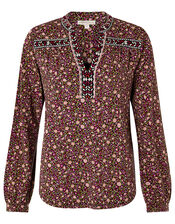 Embroidered Trim Floral Blouse, Red (RED), large