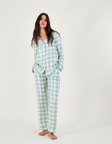 Check Collared Pyjama Shirt in LENZING™ ECOVERO™ , Green (GREEN), large