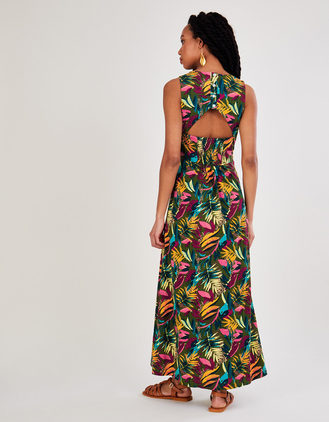 Cut-Out Back Palm Jersey Dress Green 