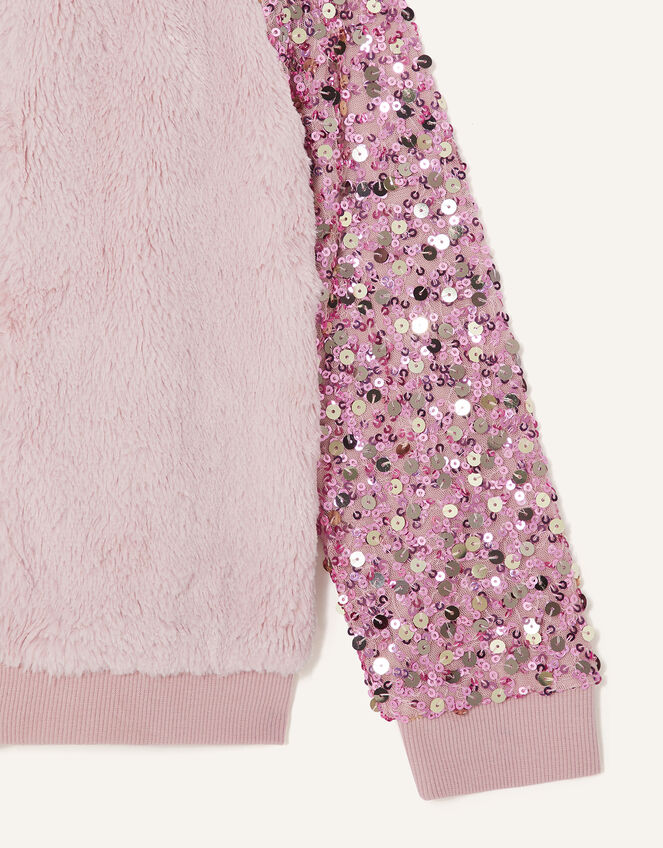 Sequin Sleeve Fur Bomber Jacket, Pink (PINK), large